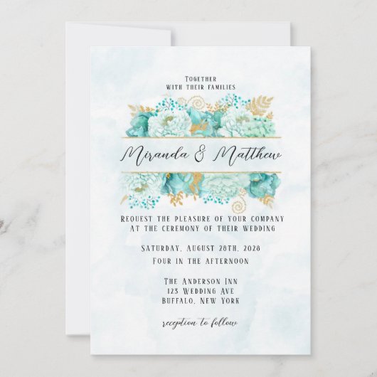 Mint Florals and Gold Foliage Wedding Kaart (Voorkant)
