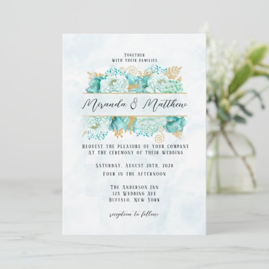 Mint Florals and Gold Foliage Wedding Kaart (Staand voorkant)