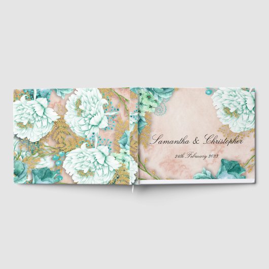 Mint Flowers and Pink Blush Floral Wedding Gastenboek (Volledig)