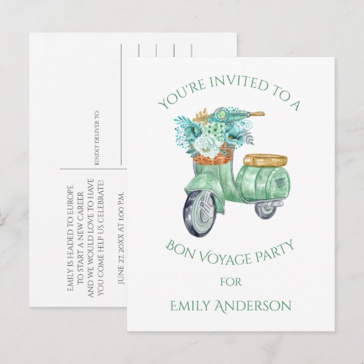 Mint Flowers en Scooter Bon Voyage Party Uitnodiging Briefkaart (Voorkant / Achterkant)