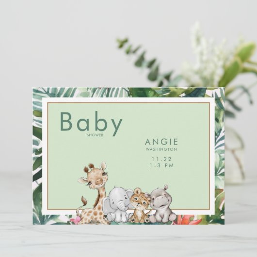 Mint Foliage Oerwoud Dieren Baby shower Kaart (Staand voorkant)