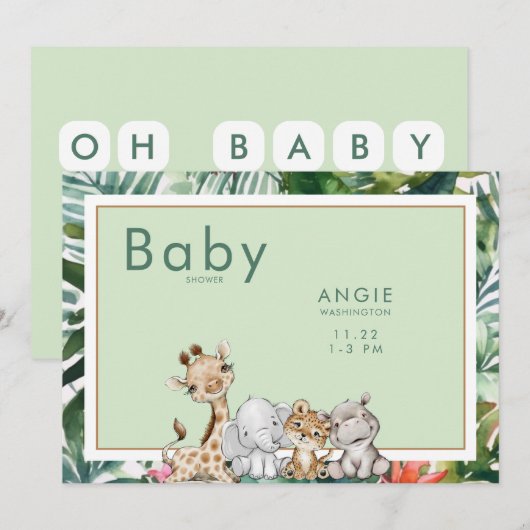 Mint Foliage Oerwoud Dieren Baby shower Kaart (Voorkant / Achterkant)