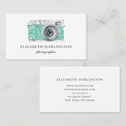 Mint foto camera kaart. Eenvoudige moderne fotogra Visitekaartje (Voorkant / Achterkant)