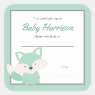 Mint Fox Baby shower Bookplate, neutraal geslacht Vierkante Sticker