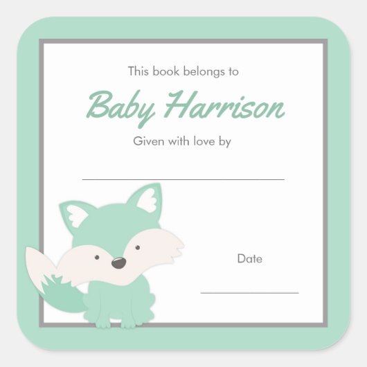 Mint Fox Baby shower Bookplate, neutraal geslacht Vierkante Sticker (Voorkant)