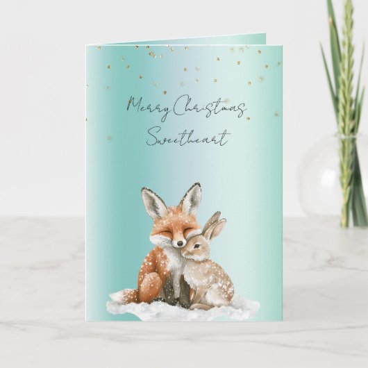 Mint Fox Bunny Love Glitter Sweetheart Christmas Kaart (Voorkant)