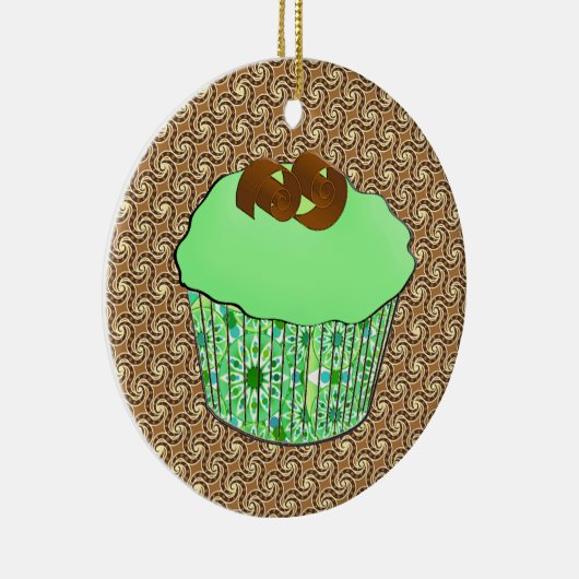Mint-Frosted Chocolate Cupcake, Fractal Background Keramisch Ornament (Rechts)