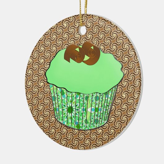 Mint-Frosted Chocolate Cupcake, Fractal Background Keramisch Ornament (Links)