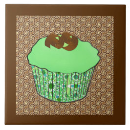 Mint-Frosted Chocolate Cupcake, Fractal Background Tegeltje