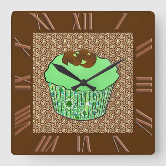 Mint-Frosted Chocolate Cupcake, Fractal Background Vierkante Klok (Voorkant)