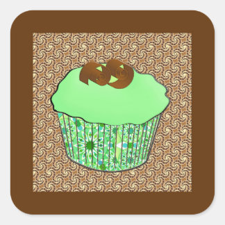 Mint-Frosted Chocolate Cupcake, Fractal Background Vierkante Sticker