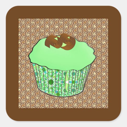Mint-Frosted Chocolate Cupcake, Fractal Background Vierkante Sticker (Voorkant)