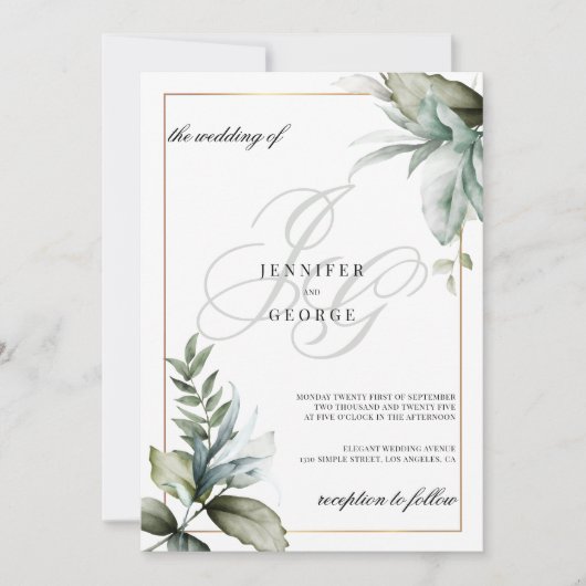 Mint gebladerte monogram initialen elegante bruilo kaart (Voorkant)