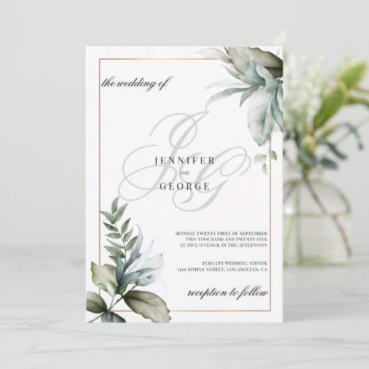 Mint gebladerte monogram initialen elegante bruilo kaart (Staand voorkant)