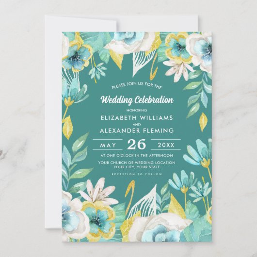 Mint Geel Bloemen Waterverf Bruiloft Kaart (Voorkant)