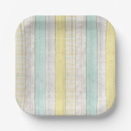 Mint & Geel Boho Geometrisch Patroon Rustic Hout Papieren Bordje