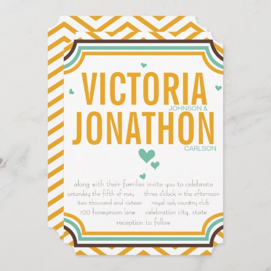 Mint Geel Modern Zig Zag Typografie Bruiloft Kaart (Voorkant / Achterkant)