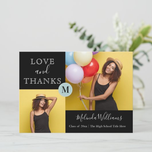 Mint & Geel Monogram Foto Hartelijk dank Afstudere Aankondiging (Staand voorkant)