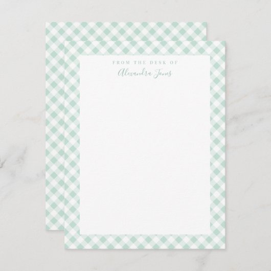 Mint Gingham Check Personal Stationery Note Kaart (Voorkant / Achterkant)