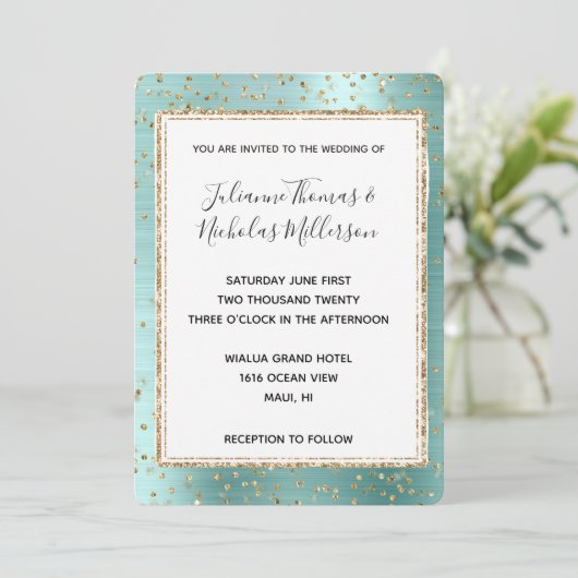 Mint Glam Gold Sparkle Confetti Wedding Kaart (Staand voorkant)