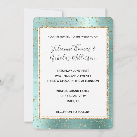 Mint Glam Gold Sparkle Confetti Wedding Kaart (Voorkant)