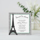 Mint Glam Paris thema Faux Glitter Sweet 16 Kaart (Staand voorkant)