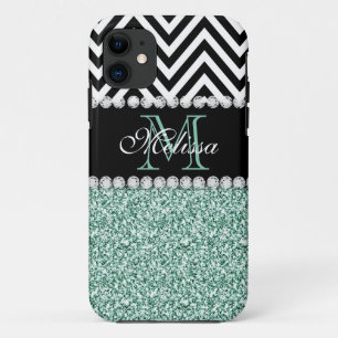MINT GLITTER BLACK CHEVRON MONOGRAMMED Case-Mate iPhone CASE