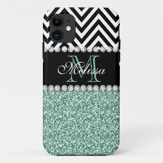 MINT GLITTER BLACK CHEVRON MONOGRAMMED Case-Mate iPhone CASE (Achterkant)