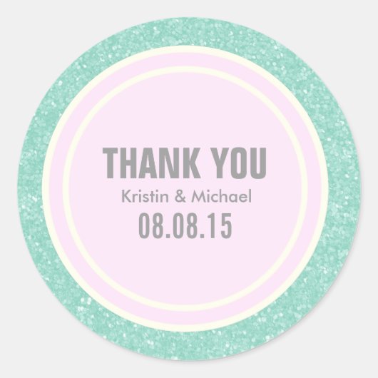 Mint Glitter & Lichtroze Dank u ronde Stickers (Voorkant)