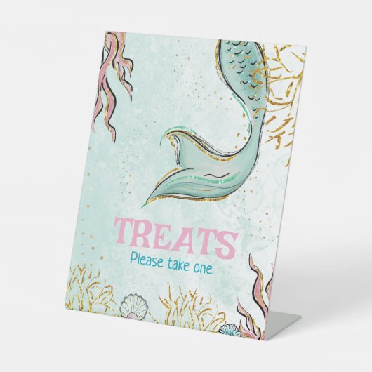 Mint Glitter Mermaid tail under the sea Treats Reclamebord Met Voetstuk (Voorkant)