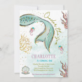 Mint Glitter Zeemeerminstaart onder het zee Uitnod Kaart (Voorkant)