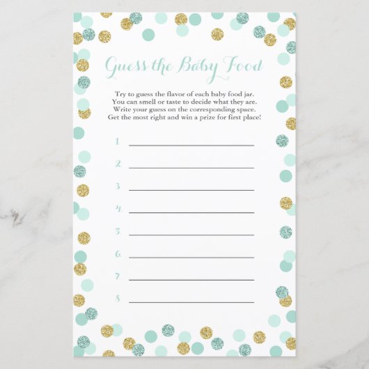 Mint & Gold Baby shower raden het Baby-voedselspel (Voorkant)