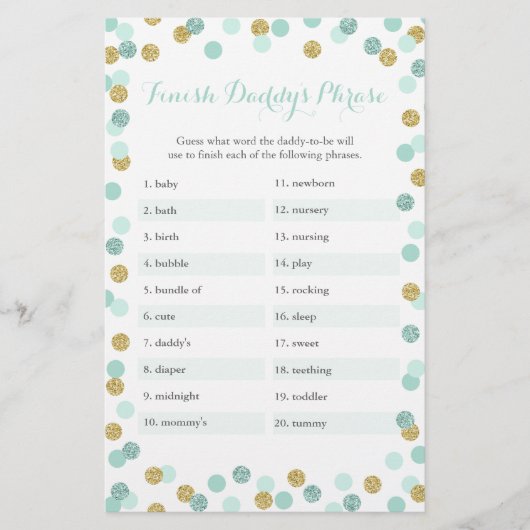 Mint & Gold Baby shower Voltooi het Phrase Game va (Voorkant)