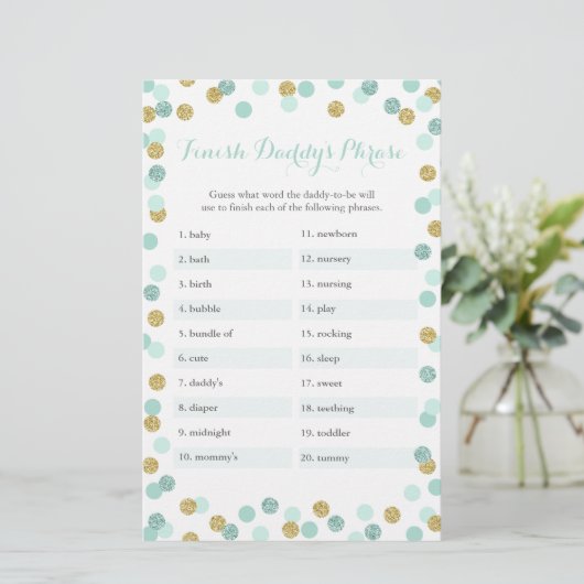Mint & Gold Baby shower Voltooi het Phrase Game va (Staand voorkant)