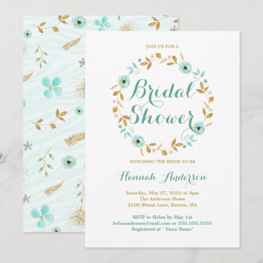 Mint Gold bloem krans Bruids Douche Uitnodiging (Voorkant / Achterkant)