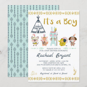Mint Gold Boho Dieren Het is een Baby shower van e Kaart