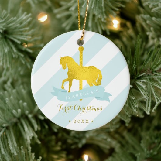 Mint & Gold Carrousel Horse Baby's eerste Kerstmis Keramisch Ornament (Boom)