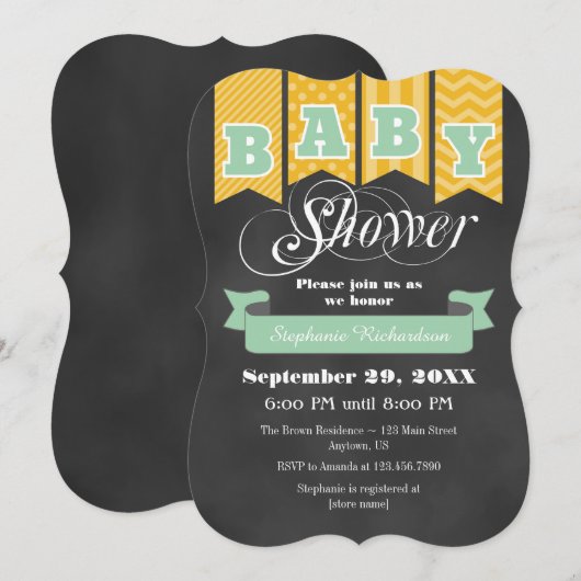 Mint Gold Chalkboard Flag Baby shower Invite Kaart (Voorkant / Achterkant)