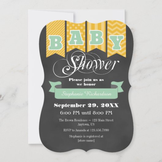 Mint Gold Chalkboard Flag Baby shower Invite Kaart (Voorkant)