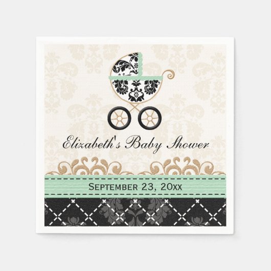 Mint Gold Damask Carriage Baby shower Servetten (Voorkant)