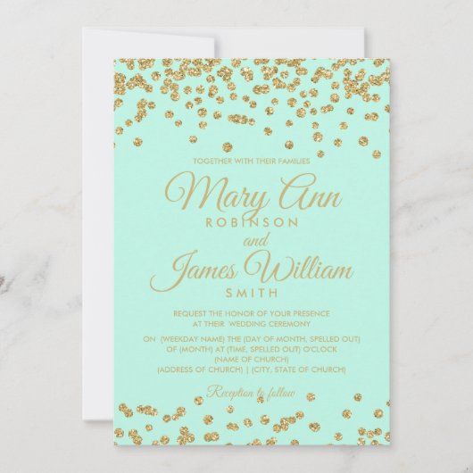 Mint & Gold Faux Glitter Confetti Elegant Wedding Kaart (Voorkant)