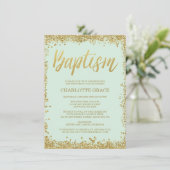 Mint Gold Faux Glitter Doop Uitnodigingen (Staand voorkant)