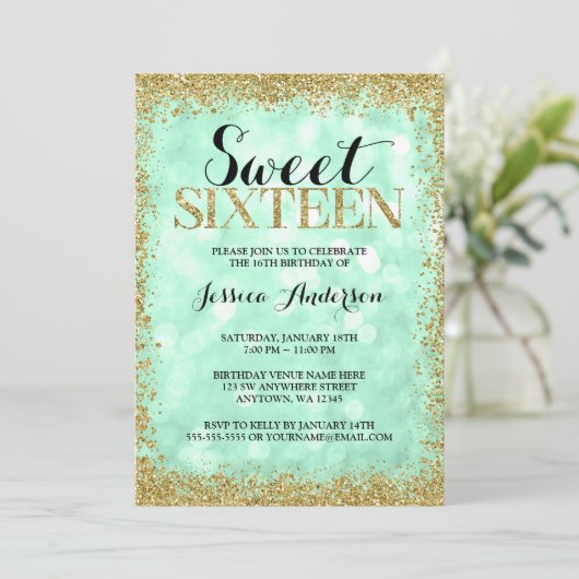 Mint Gold Faux Glitter Lights Sweet 16 verjaardag Kaart (Staand voorkant)