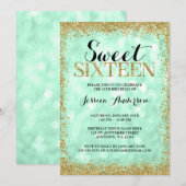 Mint Gold Faux Glitter Lights Sweet 16 verjaardag Kaart (Voorkant / Achterkant)