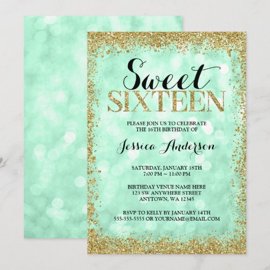 Mint Gold Faux Glitter Lights Sweet 16 verjaardag Kaart (Voorkant / Achterkant)