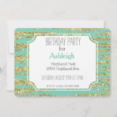Mint Gold Faux Glitter Strepen Verjaardag Kaart (Voorkant)