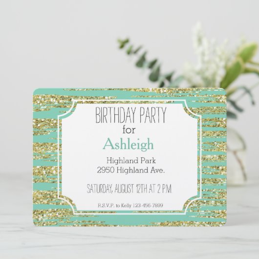 Mint Gold Faux Glitter Strepen Verjaardag Kaart (Staand voorkant)
