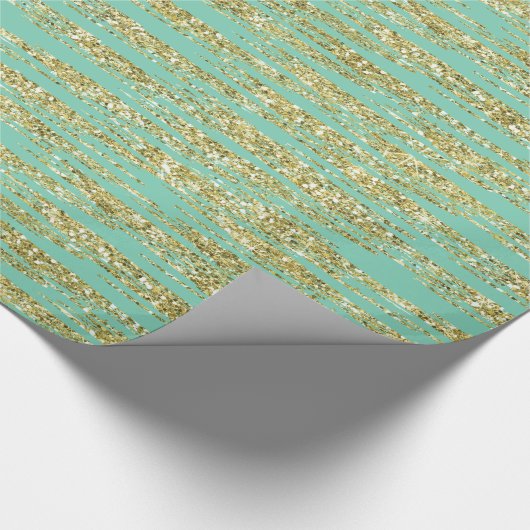 Mint Gold Faux Glitter Stripes Cadeaupapier (Hoek)