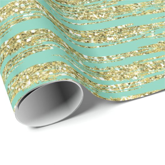 Mint Gold Faux Glitter Stripes Cadeaupapier (Rol Hoek)