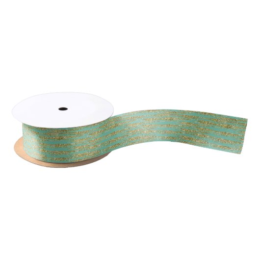 Mint Gold Faux Glitter Stripes Satijnen Lint (Spoel)